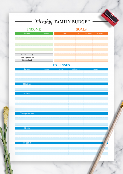 Download Printable Colored family budget template PDF