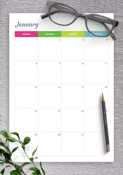 Download Colored Horizontal Monthly Calendar