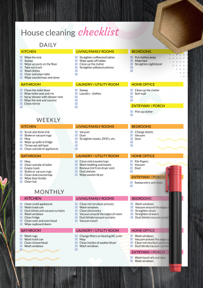 Download Colored House Cleaning Checklist Template - Printable PDF