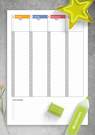 Download Colored Weekly hourly planner dated - Printable PDF