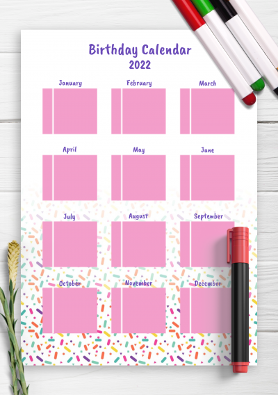 Download Colorful Confetti Birthday Calendar - Printable PDF