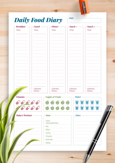 Download Complex daily food diary - Printable PDF