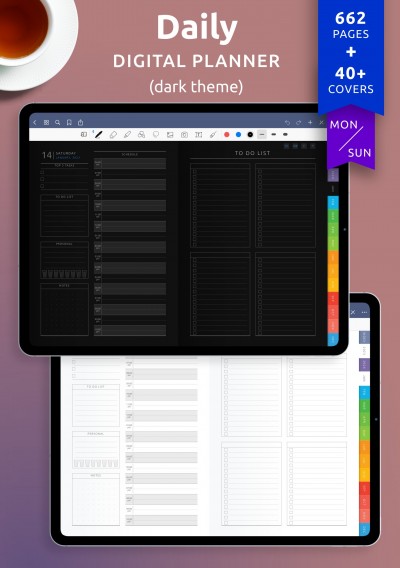Download Daily Digital Planner PDF for iPad (Dark Theme) - Printable PDF