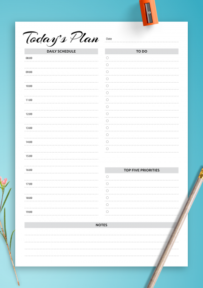 Download Daily planner with hourly schedule & to-do list - military time format - Printable PDF