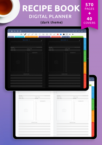 Download Digital Recipe Book PDF for iPad (Dark Theme) - Printable PDF