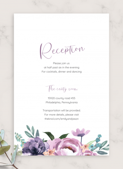 Download Exotic Flowers Purple Wedding Reception Card - Printable PDF