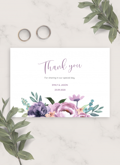Download Exotic Flowers Purple Wedding Thank You Card - Printable PDF