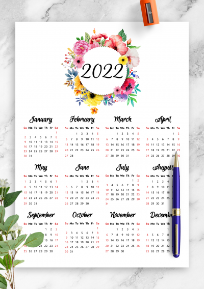 Download Floral yearly calendar - Printable PDF