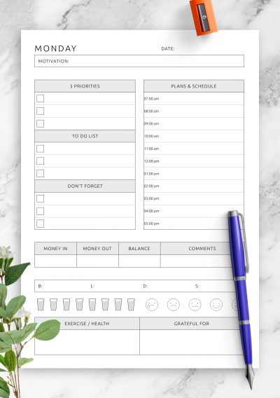 Download Full Daily Undated Template with Custom Schedule - Printable PDF