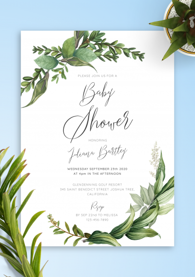Download Green Floral Baby Shower Invitation - Printable PDF