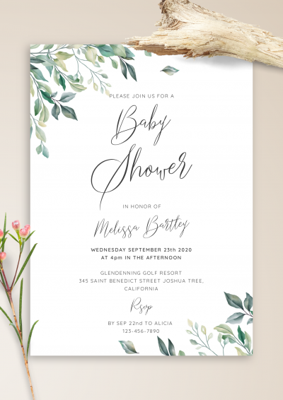 Download Green Leaves Baby Shower Invitation - Printable PDF