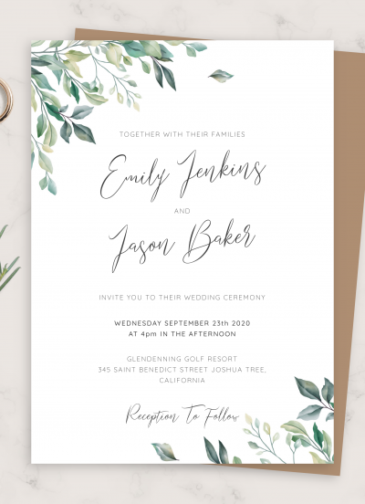 Download Green Leaves Elegant Wedding Invitation - Printable PDF