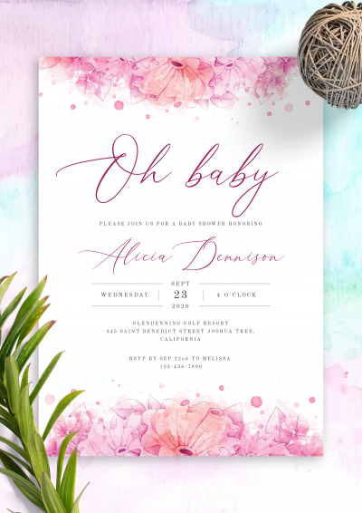 Download Hibiscus Watercolor Baby Shower Invitation - Printable PDF