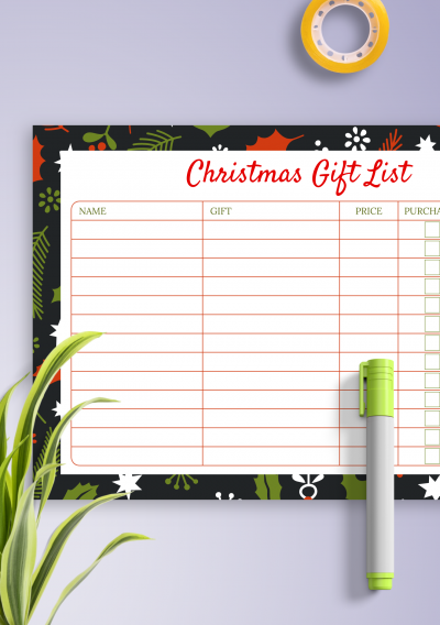 Download Horizontal Christmas Gift List - Dark Theme - Printable PDF