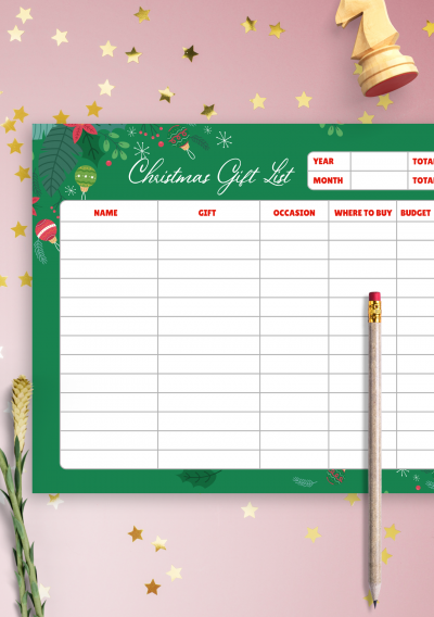 Download Horizontal Christmas Gift List - Green Style - Printable PDF