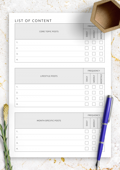 Download List of Content Template - Printable PDF