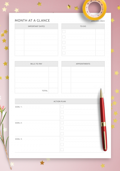 Download Month at a Glance with Action Plans - Printable PDF