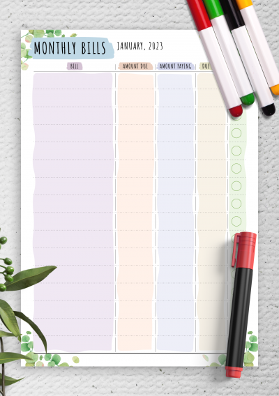 Download Monthly Bills - Floral Style - Printable PDF