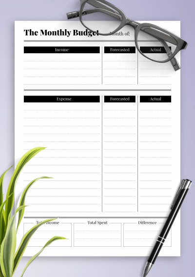 Download Monthly budget with income and spent difference - Printable PDF