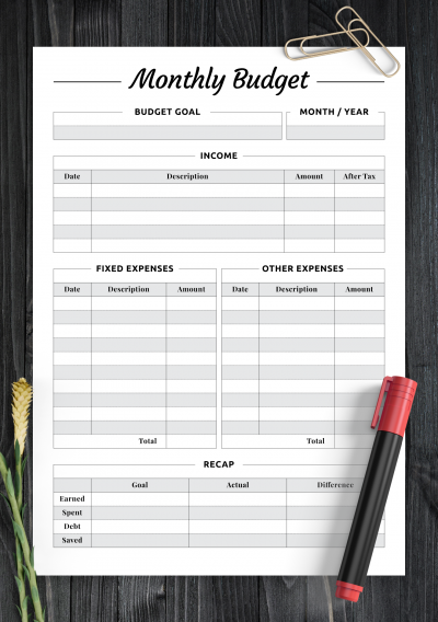 Download Monthly budget with Recap section - Printable PDF