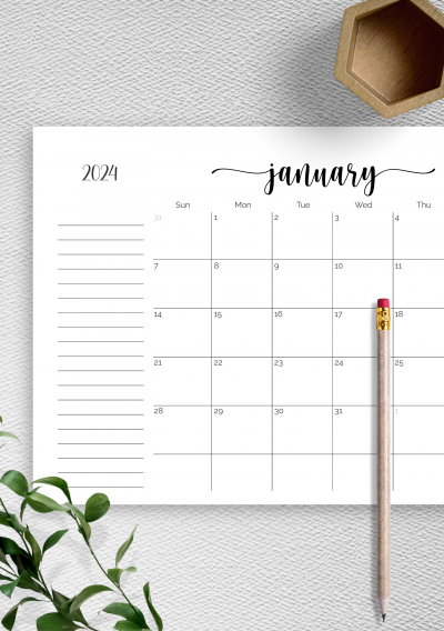Download Monthly Calendar with Notes Section