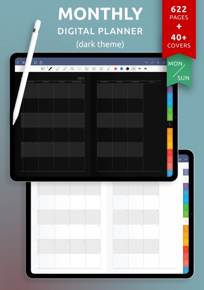 Download Monthly Digital Planner PDF for iPad (Dark Theme) - Printable PDF