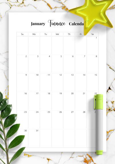 Download Monthly Finance Calendar Template - Printable PDF