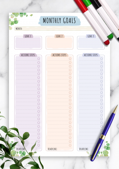 Download Monthly Goals with Action Steps - Floral Style - Printable PDF