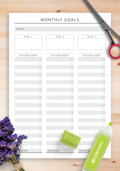 Download Monthly Goals with Action Steps - Original Style - Printable PDF