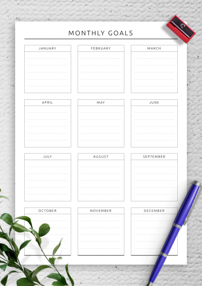 Download Monthly Goals List for a Year - Printable PDF