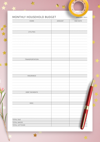 Download Monthly Household Budget Original - Printable PDF