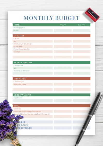 Download Monthly Household Budget - Printable PDF