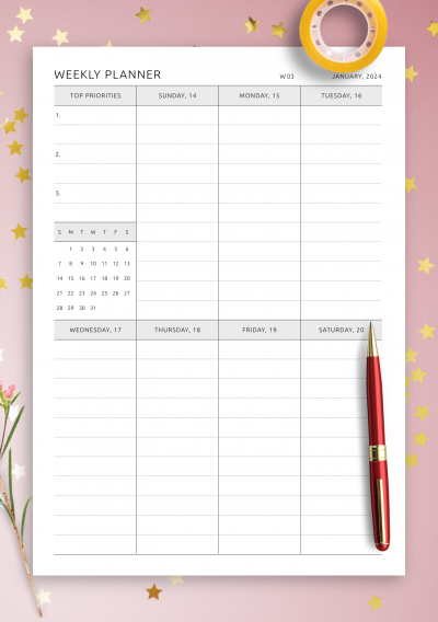 Download One-Page Weekly Schedule with All Days Equal Size - Printable PDF