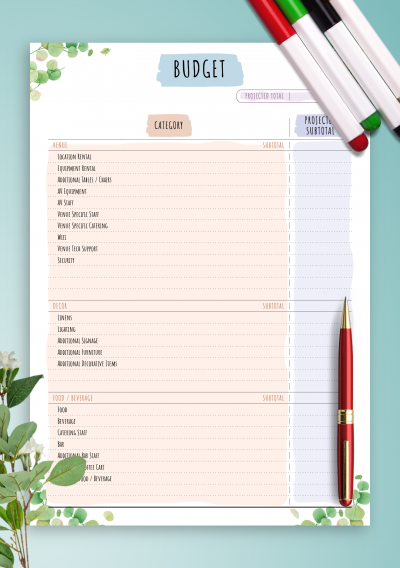 Download Party Budget Template - Floral Style - Printable PDF