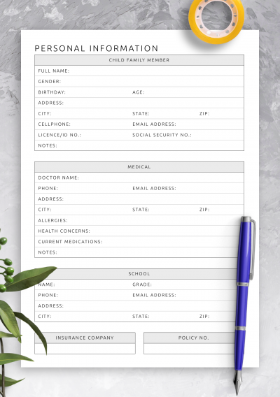 Download Personal Information For Child Template - Printable PDF