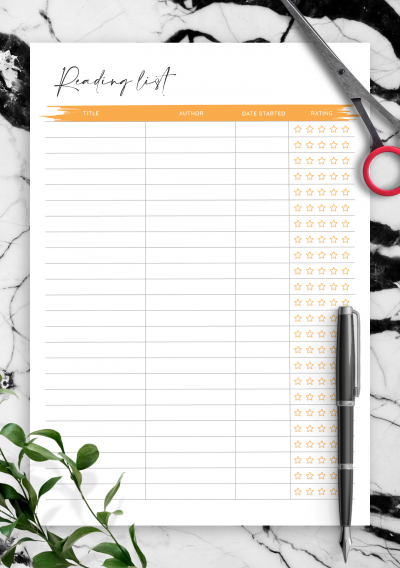 Download Reading List Template with Rating Stars - Printable PDF