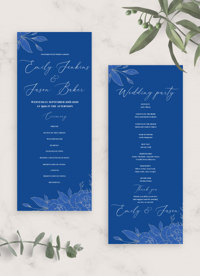 Download Royal Blue and Silver Wedding Program Card - Printable PDF