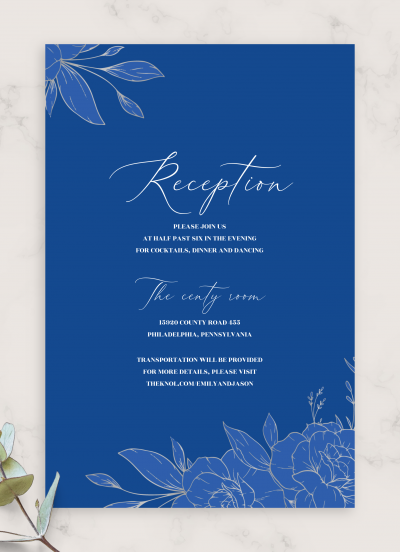 Download Royal Blue and Silver Wedding Reception Card - Printable PDF