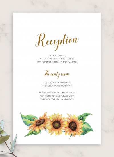 Download Simple Sunflower Wedding Reception Card - Printable PDF