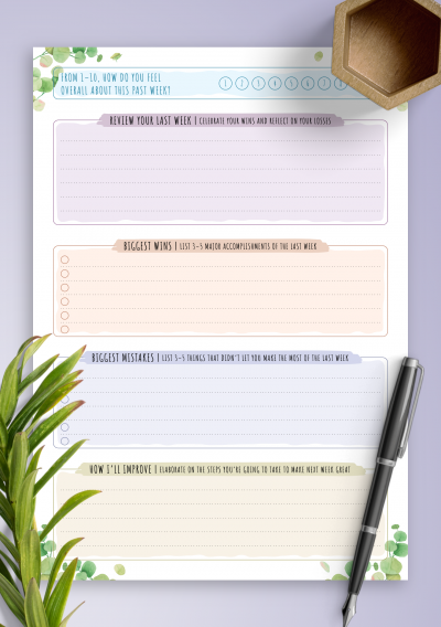 Download Simple Weekly Goal Review Template - Floral Style - Printable PDF