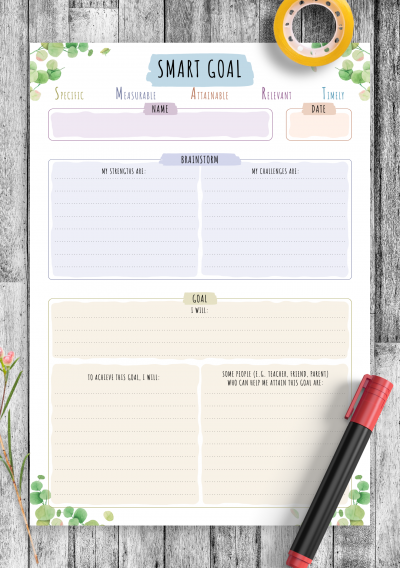 Download SMART Goal Template - Floral Style - Printable PDF