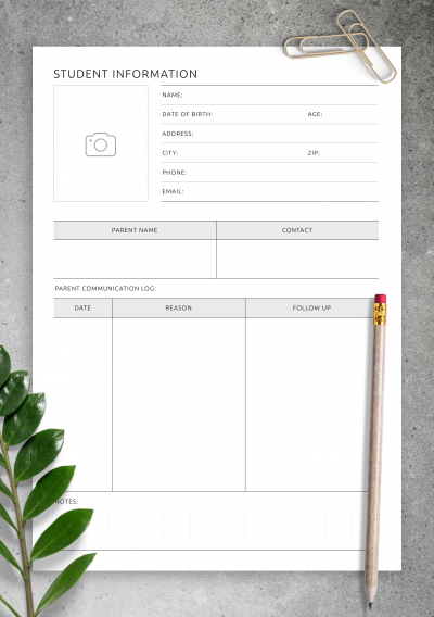 Download Student Information Template - Printable PDF