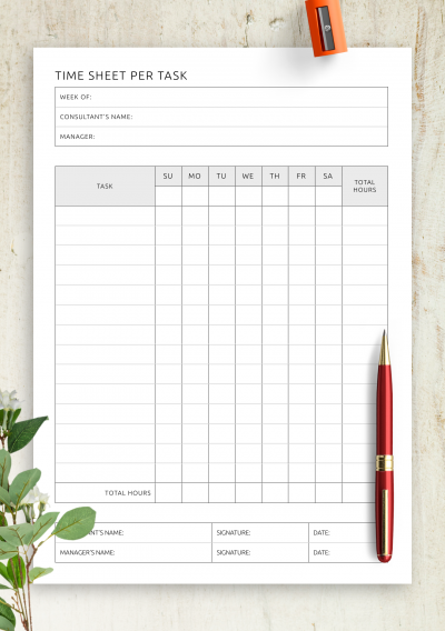 Download Time Sheet Per Task - Printable PDF