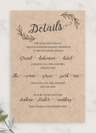 Download Vintage Rustic Wedding Details Card - Printable PDF