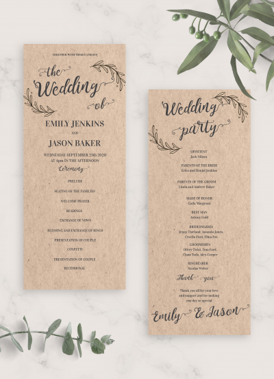 Download Vintage Rustic Wedding Program Card - Printable PDF