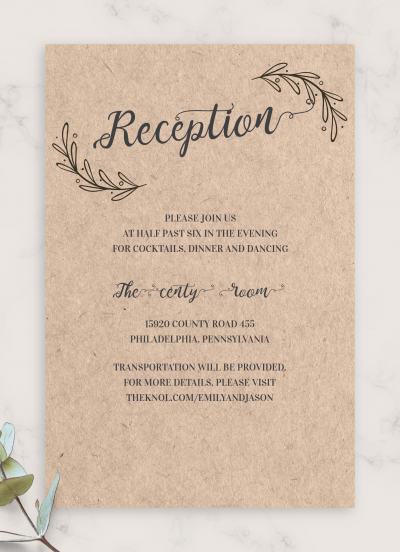 Download Vintage Rustic Wedding Reception Card - Printable PDF