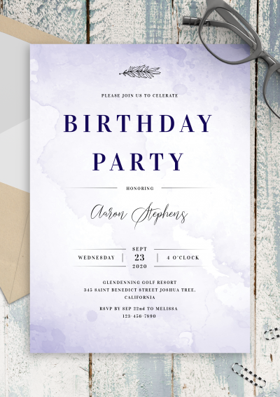 Download Violet Watercolor Men's Birthday Invitation - Printable PDF