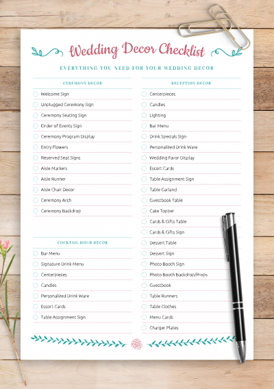 Download Wedding Decor Checklist - Romantic Style - Printable PDF