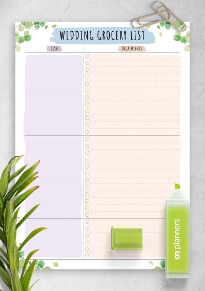 Download Wedding Grocery List Template - Floral - Printable PDF