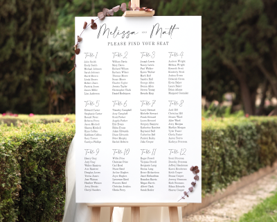 12 Tables Seating Chart for Wedding or Other Occasions